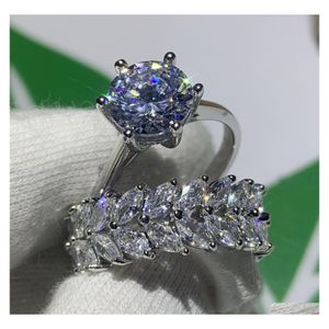 Alyans Choucong Çarpıcı Yüksek Kaliteli Lüks Takı Çift 925 Sterling Sier Marquise Cut Beyaz Topaz CZ Diamond Band Ring D DHH2P