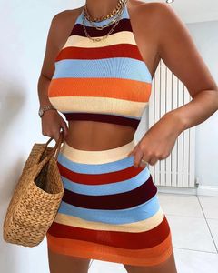 Skirts Women's Knitted Two Pieces Sets Summer Fashion Party Clubwear Sleeveless Halter Cami Crop Top Mini Bodycon Lady Outfit