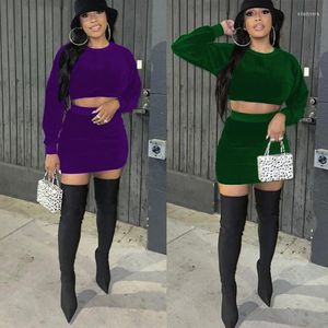 İş elbiseleri wuhe vintage kadife kadınlar uzun kollu üstler ve bodycon mini etek takım elbise seksi parti iki 2 parçalı set kıyafetler sokak kulüp kıyafetleri