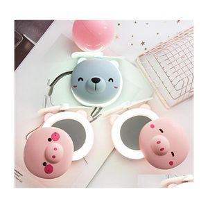 Mirrors Cute Pig Makeup Mirror With Small Fan Led Light Portable Mini Usb Charging Pocket Handheld Fashion Cartoon Gift Drop Deliver Dhpbf