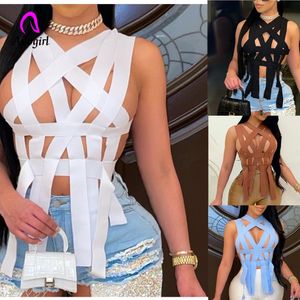 Kvinnors T -shirt Bandage Crop Tank Top Women Hollow Out Solid Avant Garde Topps Sexig Night Club Bar Clothing Autumn Fashion High Street Tee 230105