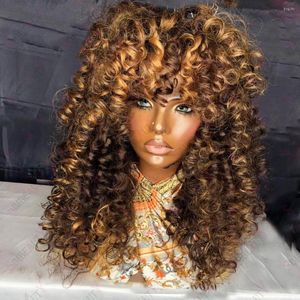Destaque 13x6 Lace Front Wig Bangs Curly 360 Frontal Brown Blonde sem glue Human Hair Wigs Fringe Peruvian Remy