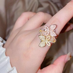 Cluster Rings Cute Two Tone Silver Color Double Butterfly For Women Bling Zircon Luxury Resizable Opening Jewelry