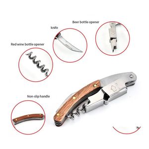 Openers Nonslip Wood Handle Corkscrew Knife Pl Tap Double Hinged Beer Red Wine Opener Stainless Steel Bottle Bar Tool Gift Vt1768 Dr Dhunv
