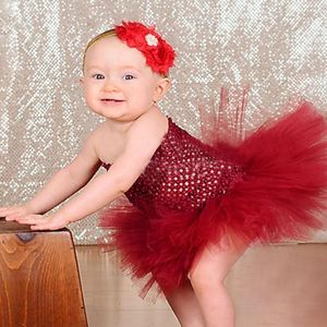 Flicka klänningar baby flickor virkning tutu klänning spädbarn småbarn tyll med blomma pannband boran födelsedagsfest kostympografi
