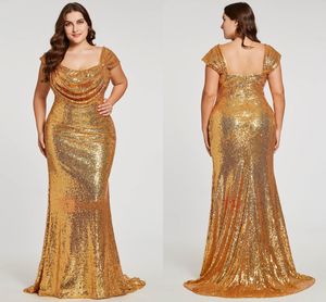 2023 Sparkly Gold Sequined Plus Size Evening Prom Dress Square Neck Mermaid dragkedja bakgolv Längd Ruched Ny Pageant Dress329h