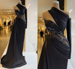 Elegant Black Mermaid Evening Dresses One Shoulder Beaded Sequined High Side Split Floor Length Formal Evening Party Dress Prom Birthday Pageant Celebrity Gowns