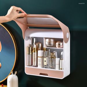 Storage Boxes Waterproof Cosmetic Box Punch-free Makeup Organizer Wall-mounted Flip Cover With Mirror Bathroom