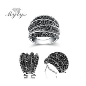 Ohrringe Halskette Mytys Black Markasites Ringe Sets für Frauen Antike Stud Geometrische Kreuz Ring Retro Vintage Schmuck Drop Lieferung Dhqjl