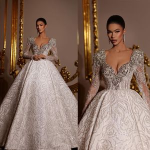 Abiti da sposa lussuosi con scollo a V maniche lunghe trasparenti con paillettes richiedenti perline lunghezza del pavimento su misura Plus Side Vestidos De Novia