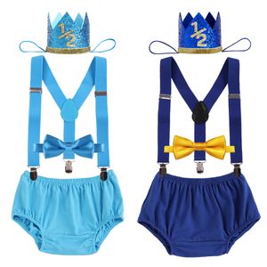 Zestawy odzieży Summer Baby Boy Cake Smast Strój pół roku urodzin ubrania urodzone Born Shorts Suspender krawat 4PCS 230106