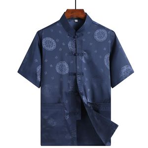 Camisas casuais masculinas Cetina de seda Tang Men camisa de manga curta estilo chinês Print Top Print Roupos vintage simples e tamanho 4xl