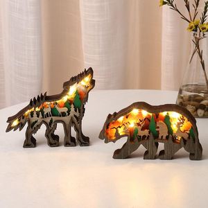 Estatuetas decorativas ornamentos de animais de madeira Luz LED 3D escultura oca de decoração de decoração de decoração de escritório acessórios de decoração de quarto de escritório