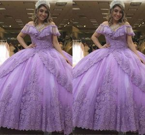 2023 رائع الضوء الأرجواني الأرجواني quinceanera فساتين كرات الكرة بوهو بوهو قصيرة الأكمام V-neck حبات الدانتيل الترتر الخالية من الظهر الحلو 16 dres259t