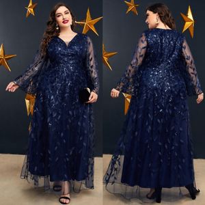 Navy Plus Size Lace Evening Dresses V Neckline Long Sleeves Prom Gowns A Line Appliqued Ankle Length Special Ocn Dress 415
