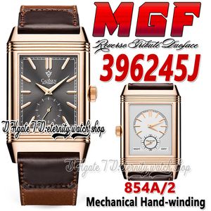 MGF Reverso Tribute Duoface MG396245 MENS Watch 854a/2 Mechanical Hand-Winding Dual Time Zone Rose Gold Case Gray Läderband Super V2 Edition Eternity Watches