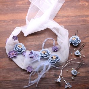 Halskette, Ohrringe, Set, hübsche blaue getrocknete Blumen, Haarnadeln, Schleier, Brautstirnband, handgefertigt, Hochzeit, Tiara, Zubehör, Schmuck, Kopfschmuck, NA