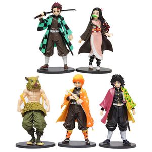 Eylem Oyuncak Figürleri 6pcs/Set Demon Slayer Kimetsu Hayır Yaiba Nezuko Kyoujurou Tanjirou Inosuke Shinobu Zenitsu Action Figür Anime Figürin Oyuncakları T230105