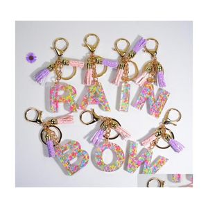 Keychains Lanyards Crystal Gold Plated Key Chain 26 English Letter Pendant Colorf Tassel For Women Keychain Bag Hanging Ornament DH3WV