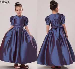 Puffy Short Sleeves Flower Girl Dresses Navy Blue Taffetta A Line Little Girl's Formal Party Birthday Gowns Long Jewel Neck Kids Baby Communion Pageant Dress CL1651