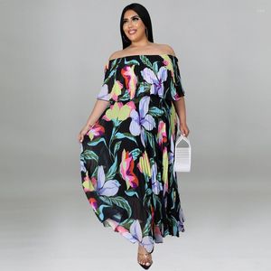 Abiti taglie forti Donna 5xl con spalle scoperte Stampa floreale Chiffon Summer Club Lady Fashion Elegante abito con volant Commercio all'ingrosso