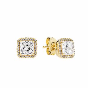 Yellow Gold Plated Square Sparkle Halo Stud Earring för Pandora 925 Sterling Silver Wedding Jewelry for Women Girls Cz Diamond Designer Earrings With Original Box