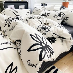2023新しいデザインの寝具セットINSスタイル印刷布団カバーフラットシート枕カバー黒と白