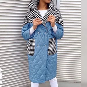 Piumino da donna Parka IN Girocollo Moda Patchwork Pied de poule Cappotti Elegante Giacca lunga in cotone allentato Donna femminile JP 230107