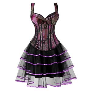 Bustiers & Corsets Sexy Gothic Strap Corset Dress Overbust For Women Skirt Set Zipper Jacquard Burlesque Vintage Purple 6XL