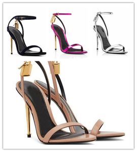 Summer Women Sandal High Heels Luxury Brand Design Metal Heel Hänglås smalt Word Band Högklackade sandaler Lady Shoes Pointy Toe Guint läder 35-43