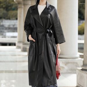 Women's Leather 2023 Fashion Genuine Cardigan Trench Coat Women Belt Real Sheepskin Overcoat Street Casual Female Outerwear Jackets