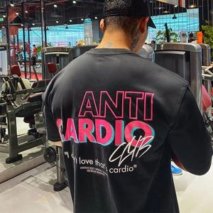 Herr t-shirts anti cardio casual överdimensionerade korta ärmar bomull t shirt gym fitness manlig träning träning bomull tees topp mode kläder 230106