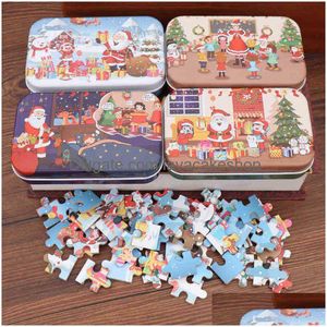 Party Favor Christmas Diy Small Gift 60 Pieces Children Handmade Santa Claus Puzzle Pubzled Wood Garten Xmas Iron Box Gift Drop D DHQFE