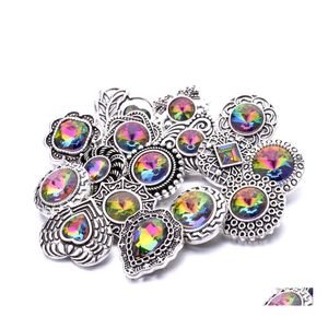 Charms Colorf Rainbow Crystal Vintage Sier Kolor Snap Button Kobiety Biżuterię Biżuterię Bright Rhinestone 18 mm Metalowe przyciski