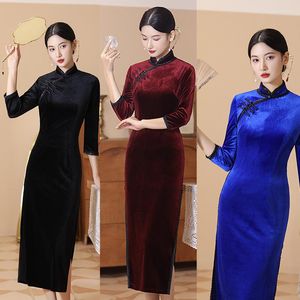 Ubranie etniczne kobiety jesienne zima velor qipao sukienka chińska vintage długi cheongsam stretch velvet 3/4 rękawów festiwalowa suknia balowa plus
