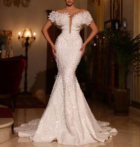 Wedding Dresses Mermaid Sleeveless V Neck Off Shoulder 3D Lace Leaf Appliques Sequins Beaded Pearls Floor Length Plus Size Formal Bridal Gowns Abiti Da Sposa