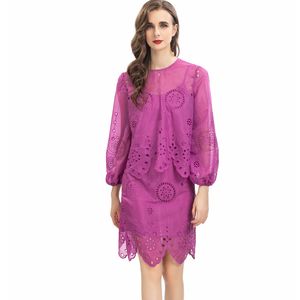 Women's Runway Two Piece Dress O Neck Lantern Sleeves Embroidery Blouse with Pencil Dress Fashion Designer Twinsets