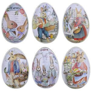 Påskplatta äggformad Candy Tin Bunny Rabbit Printed Metal Spring Party Favor Gift Packaging Lagring Fall S M L STORLEK 0107