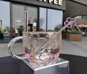Die neuesten 14oz Starbucks Glass Coffee Tasse Gold Rand gepr￤gt Kirschbl￼tenstil Wasserbecher separate Boxverpackung Support2542675