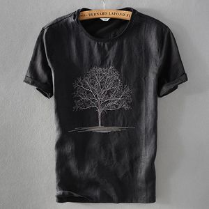 Camisetas masculinas 2023 Chegada de camisa preta masculina linho de linho de verão bordado de bordado redondo de linho de manga curta Camisa casual casual