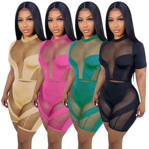 Women's Tracksuits Club Matching Women Shorts Set Mesh Crop Top And Biker Two Pieces Outfit Tracksuit Party