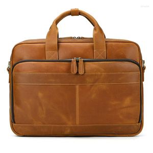 Briefcases Men Retro Real Leather Briefcase Big Brown Business Work Tote Large Crazy Horse 16" Laptop Bag Cow Shoulder