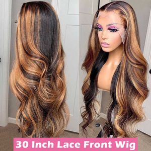 Nxy Lace Wigs Highlight Human Hair Frontal 30 Inch Body Wave Hd Front for Black Women 13x4 Honey Blonde Ombre 230106