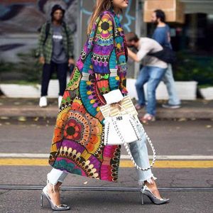 Wool wełniana mieszanka płaszcza kobiet 2023 Kobiety jesienne Vintage Print Trench Casual Long Cardigan Overwear Oversize