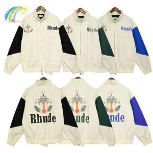 男性SジャケットFWパッチワークRhudeジャケットメンズ女性1 1高品質のココナッツツリープリントグリーンブルーブラックアウトウェアコート230106