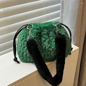 Avondtassen Groen Retro Meisje Handheld Winter Pluche Tas Vrouwen Zwart En Wit Geruite Contrast Kleur Crossbody Portemonnees Handtassen