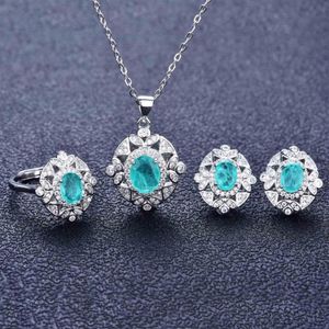 Earrings & Necklace Natural Stone Emerald Paraiba Tourmaline Turquoise Rings For Women Stud Ear Sterling Silver 925 Jewelry Sets2259