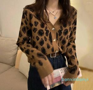 Kvinnors stickor vintage Leopardtryck V Neck stickade Cardigan Women 2023 Fall Winter Fashion tröja jacka kvinnlig casual kniwear toppar rockar