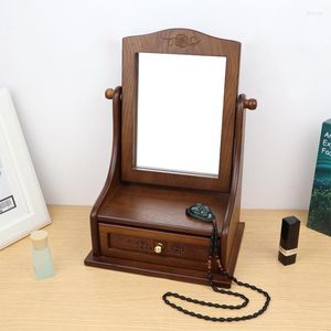 Jewelry Pouches 2023 Wooden Desktop Makeup Mirror Large Storage Box Integrated Retro Vanity Home Antique Style Folding