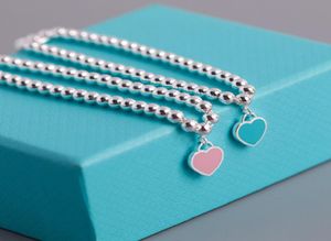 NEU 925 Sterling Silber Love Tag Armbänder Marke Luxus Paar Perlen Stränge Ketten Herzkugeln 4mm Perlenarmband für Frauen Blau 622312